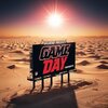 Arid desert with a huge billboard with “Baghdad presents -Game Day” in black and red theme .jpeg