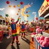 Carnival scene with clowns Juggling, Balloons, Flame eaters, Food trucks, candy floss and a b...jpeg