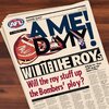 Newspaper front cover  ‘Game Day!’ With an afl logo and   “will the Roys stuff up the Bombers...jpeg