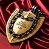 A medal shaped like a shield with chains wrapped around it with a lock  with the label “Best ...jpg